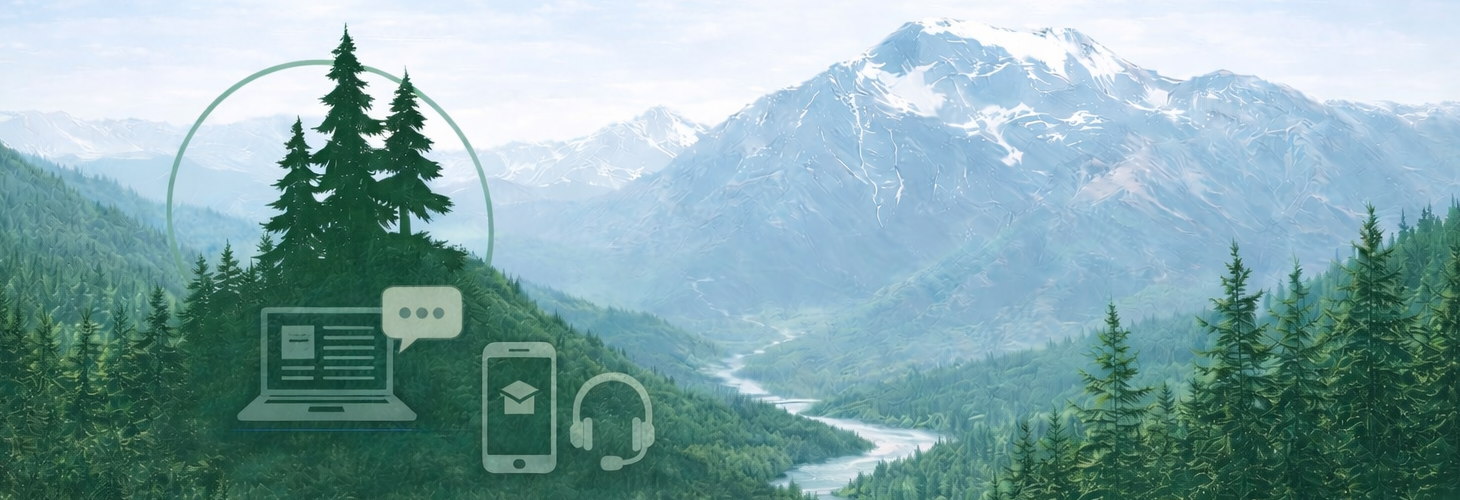 eTutoring banner with mountain landscape and subtle digital learning icons representing online tutoring